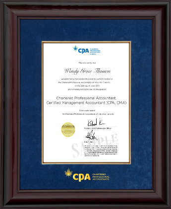 Glossy mahogany wood frame for the new vertical 11x14 CPA certificates, with blue velvet mat board, gold fillet inlay & gold CPA logo in a 14x18 frame. (120953-14x18-BLV/GF.GFS)